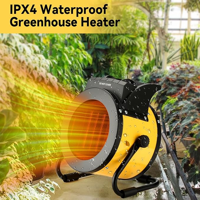 Greenhouse Heater with Thermostat, Outdoor Heaters for Patio, 3 Modes for PTC Ceramic Fast Heating, Overheat Protection, IPX4 Waterproof for Greenhouse, Grow Tents, Patio, Black-Yellow