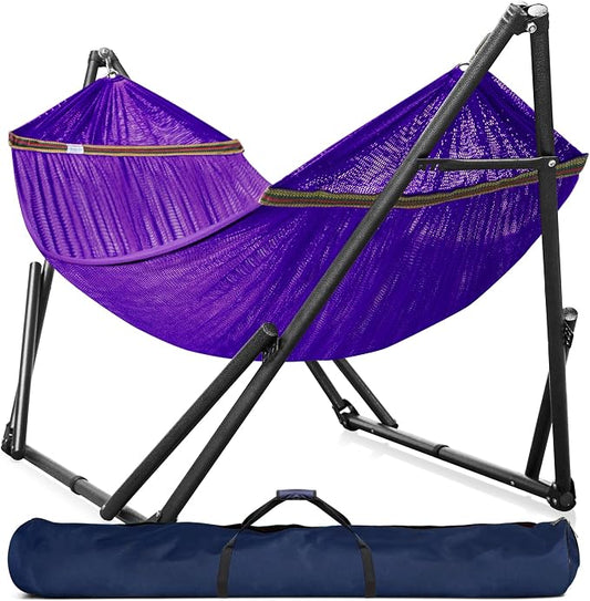 Tranquillo Universal Double Hammock with Stand Included for 2 Persons/Foldable Hammock Stand 600 lbs Capacity Portable Case - Inhouse, Outdoor, Camping, Purple by Tranquillo
