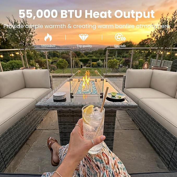 8 Pieces Patio Furniture Set with 44" Propane Gas Fire Pit Table, Outdoor Sectional Wicker Conversation Sofa Sets with Coffee Table