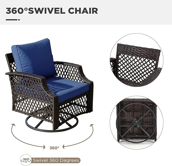 HOMREST 7 Piece Patio Furniture Set, Wicker Outdoor Conversation Sofa Set with Swivel Chairs, 2 Ottomans, Glass Side Table, Rattan Outdoor Sectional for Deck Backyard Porch （9 Seats, Navy Blue