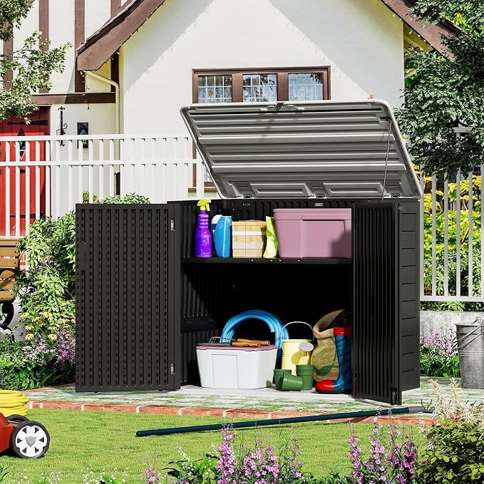 ZZM Large Outdoor Storage Shed, 48 Cu Ft Resin Versatile Storage Cabinet for Patio Accessories, Trash Cans & Garden Tools, Durable Horizontal Storage Box with Lockable Lid (Black) - Image 2