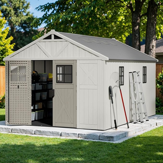 Devoko 10x14 FT Plastic Storage Shed with Floor, Large Resin Tool Outdoor Shed with Lockable Door & Windows, Outside Garden Storage Shed for Patio Backyard Lawn, Beige by DEVOKO