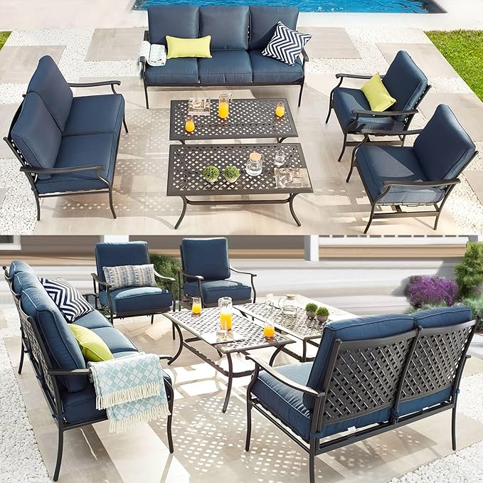 PatioFestival Patio Conversation Set 6 Pieces Metal Outdoor Furniture Seating Sets with Blue Thick Cushions, Rocking Chairs & Coffee Table & Loveseat