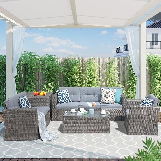 Super Patio 8 Pieces Outdoor Patio Furniture Set, Wicker Patio Conversation Sets with Storage Box, Rattan Outdoor Sectional Sofa Set with Cushions and Coffee Table for Outside Porch, Deck, Gray