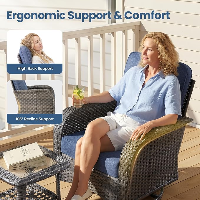 Weaxty 8 Pieces Outdoor Patio Furniture Sets with Swivel Rocking Patio Chairs and Loveseat Sofa,Coffee Table,All Weather Wicker Conversation Set for Deck Backyard Porch Poolside, Denim Blue