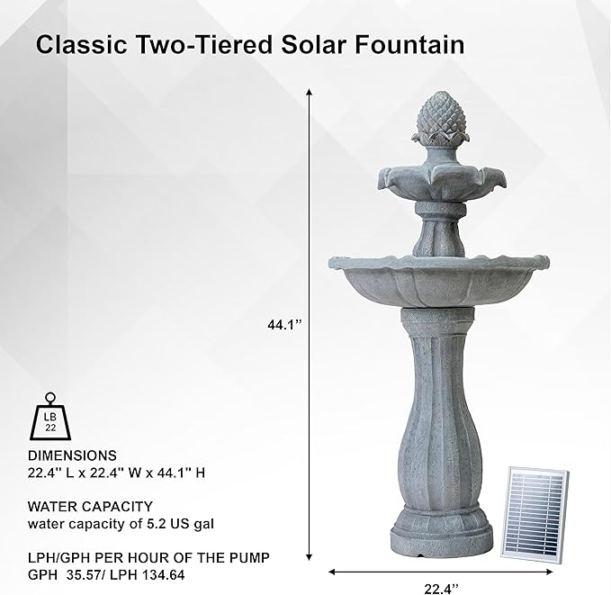 XBrand 44" H White Fiberglass/Resin 2-Tier Solar Water Feature w/Auto-Off Pump - Tall Outdoor Birdbath Fountain