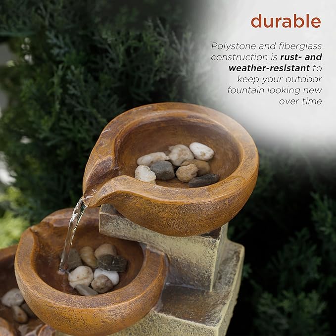 Alpine Corporation WCT726 | 16"H Indoor/Outdoor Tabletop Tiered Pouring Pots Waterfall Fountain — Natural Stone-Look Finish Adds Rustic Charm — Brown