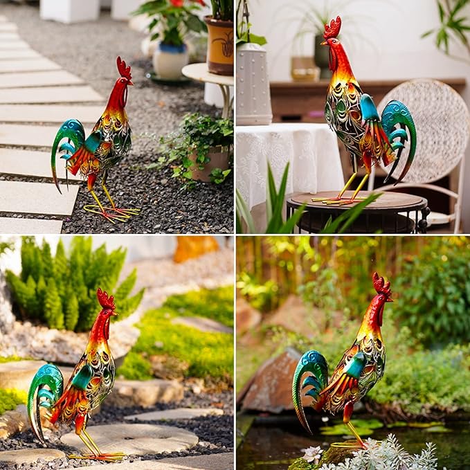 19 Inch Solar Rooster Statue, Metal Yard Art with Colorful Lights for Garden Lawn Outdoor Decoration Gifts