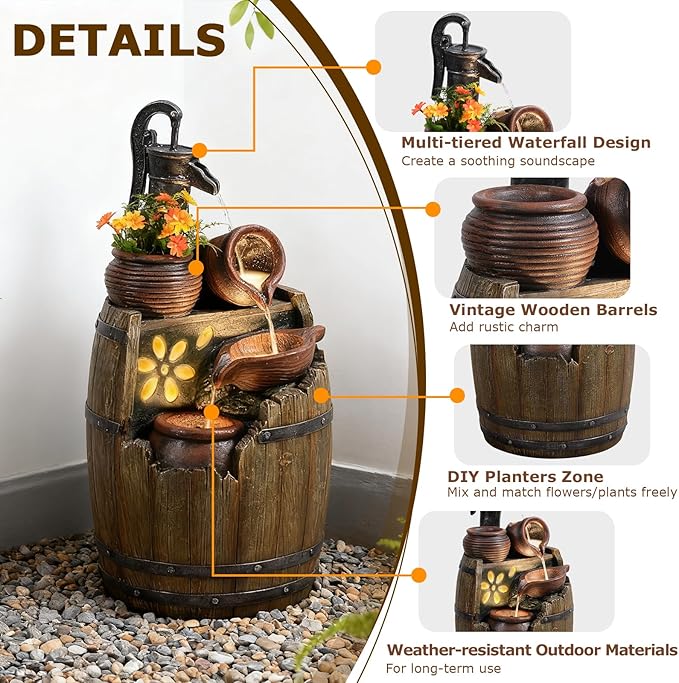 29" H Outdoor Water Fountain Pump and Barrel,4 Tiered Rustic Wood Barrel Cascading Waterfall Fountains Outside Feature with LED Lights for Garden, Patio, Porch, Backyard Decor
