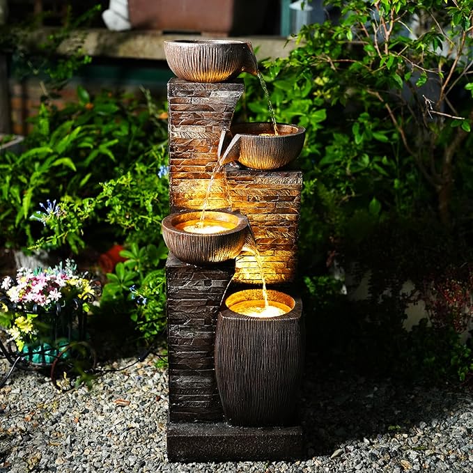 38.2" Tall Outdoor Water Fountain,Stone Texture Modern 4 Tiers Cascading Bowls Garden Fountains Outdoor,Suit for Patio, Deck, Porch, Lawns, Backyard and Home Art Decor