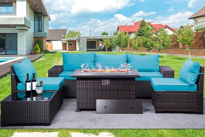 7 PCS Outdoor Patio Furniture Set,Outdoor Sectional Furniture with 43" 55000 BTU Gas Propane Fire Pit Table,All Weather PE Rattan Wicker Patio Conversation Set,Turquoise Blue