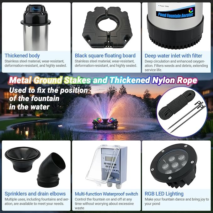 Pond Fountain Aerator with Lights Dynamic RGB Light 1HP 750W Floating Fountain for Pond Lake, 110V 15000 GPH Fully Automatic Stainless Steel Fountain Pump 100Ft Cord with 4 LED Lights and Nail, Rope