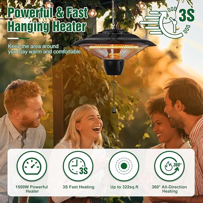 Patio Heater, 1500W Outdoor Heaters for Patio Ultra-Quiet Electric Heating Lamp Waterproof with 2 Heating Levels Overheat Protection, Ceiling Mounted Heater for Porch, Garage, Balcony