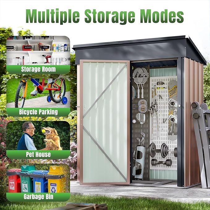 Aoxun 5' x3 ' Outdoor Metal Storage Shed with Galvanized Steel Base, Heavy-Duty Garden Tool Shed for Patio, Lawn, and Garden, Brown - Image 3
