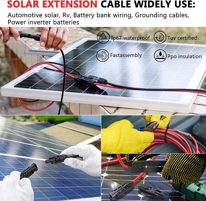 Vansdon 2x60 Feet Solar Panel Extension Cable, 10AWG Solar Cable, Solar Panel Cable with Female and Male Waterproof Connectors for RV, Photovoltaic Systems (60FT Red + 60FT Black) - Image 6