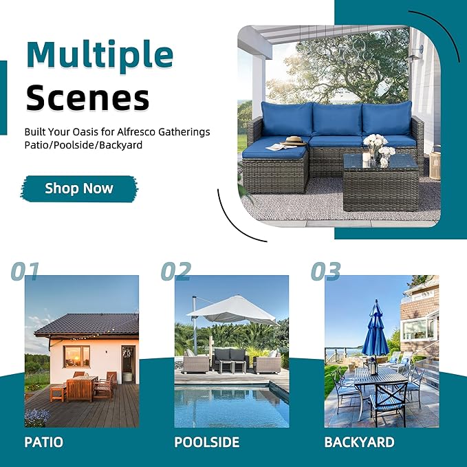 SUNLEI Small Outdoor Sofa Patio Furniture Set with Detachable Cushions, 3 PCS Patio Sectional Sofa with Coffee Table & 5 Position Adjustable,PE Rattan Patio Conversation Set, Silver Rattan/Royal Blue