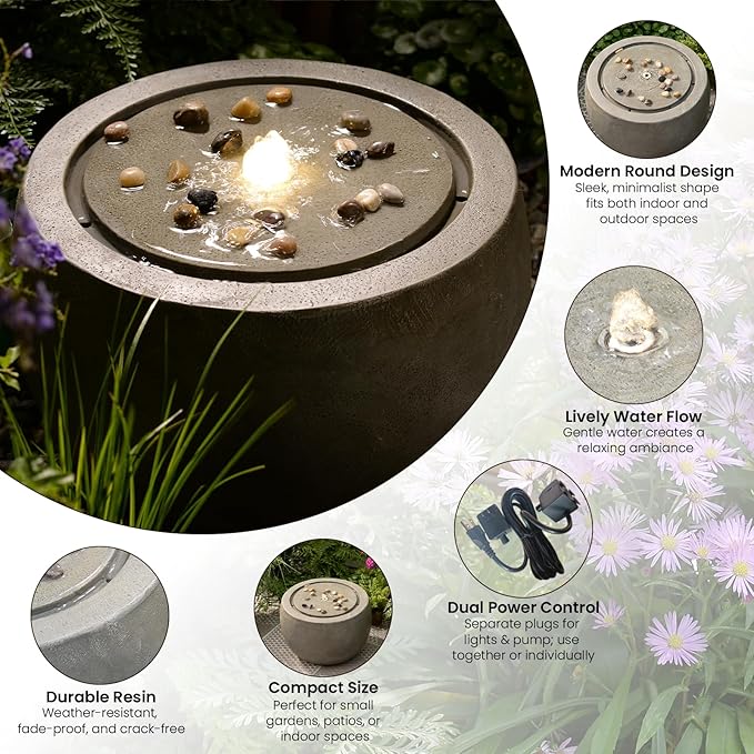 Garden Medium Water Fountain Outdoor Bubbler Water Feature Indoor with Lights & Pump and Pebbles Waterfall Fountains for Patio Deck Yard Home Decor Gray, 18 "L x 18" W x 11.5" H
