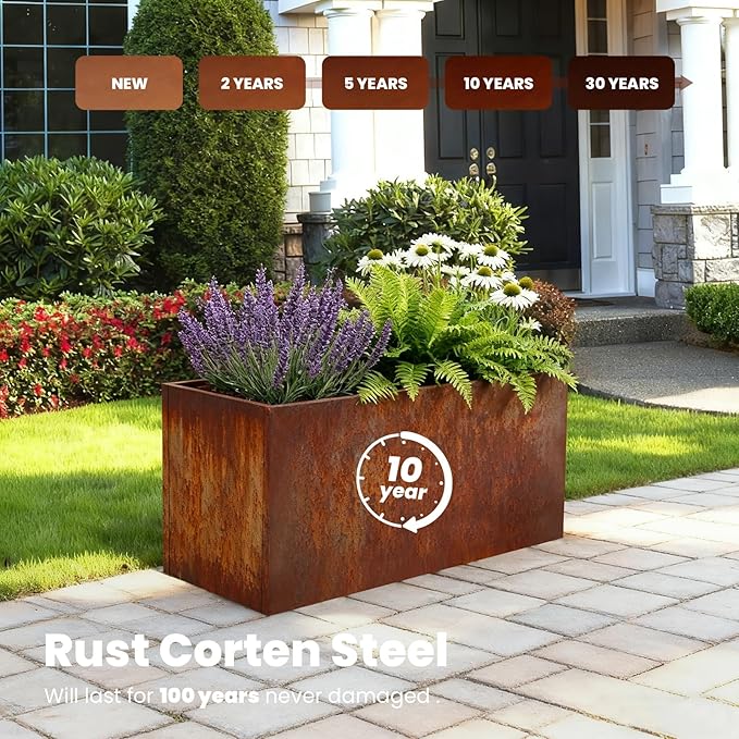 Corten Steel Planter Box Metal Outdoor Large Steel Rectangular 36" L x 12" W x 16" H Rectangule Rustic for Commercial Residential Patio and Backyard