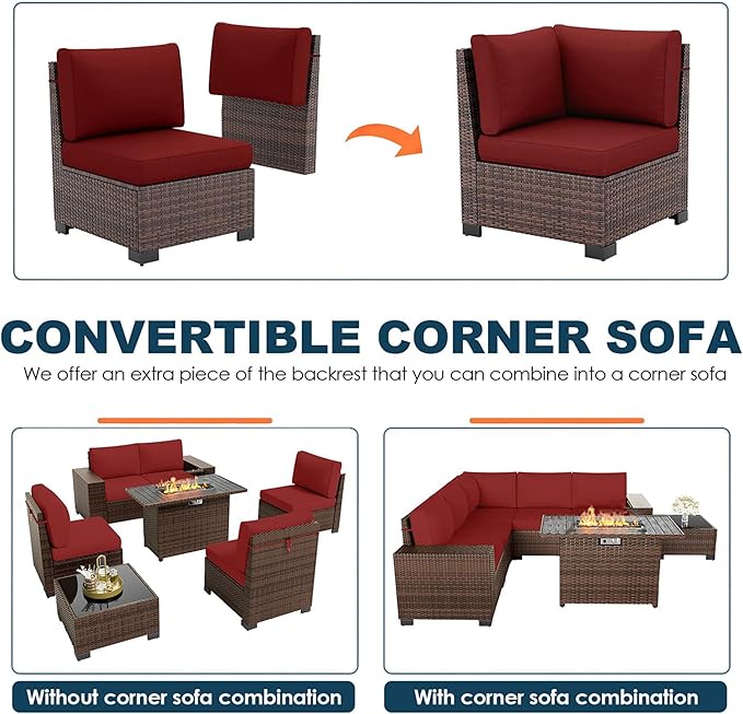 7 Piece Patio Furniture Set with Fire Pit Table, Outdoor Conversation Sets Wicker Rattan Sectional Sofa with Coffee Table for Patio Garden Backyard, 4'' Thickened Cushion Wine Red