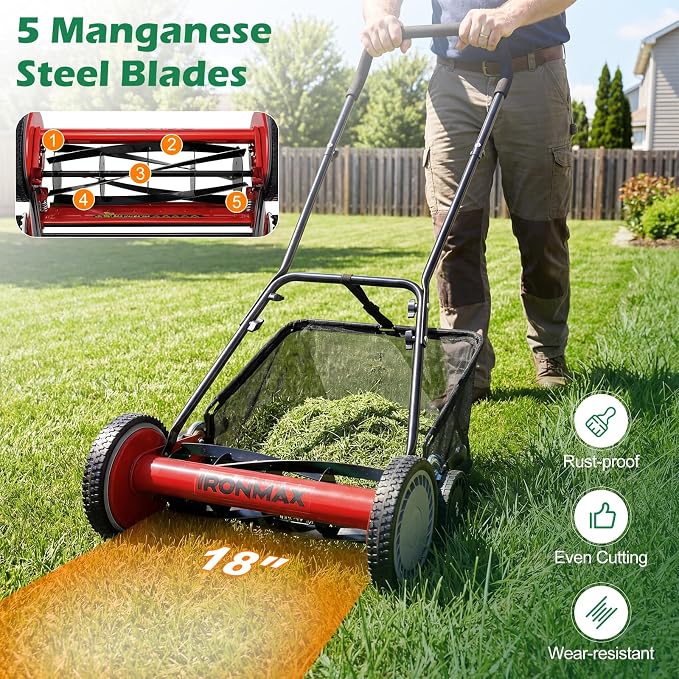 IRONMAX 18 Inch 5-Blade Push Reel Lawn Mower, 9-Level Adjustable Cutting Heights, Removable Grass Catcher, Lightweight No Motor Walk-Behind Manual Grass Cutter for Garden Yard Park (Red, 18 Inch) - Image 4