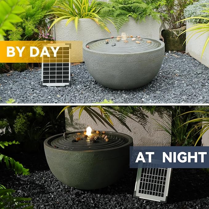 Solar Water Fountain Outdoor Garden Bubbler Water Feature Outdoor Fountains Solar Powered with Pebbles for Patio Deck Yard Home Decor Gray, 20 "L X 20" W X 11.5" H