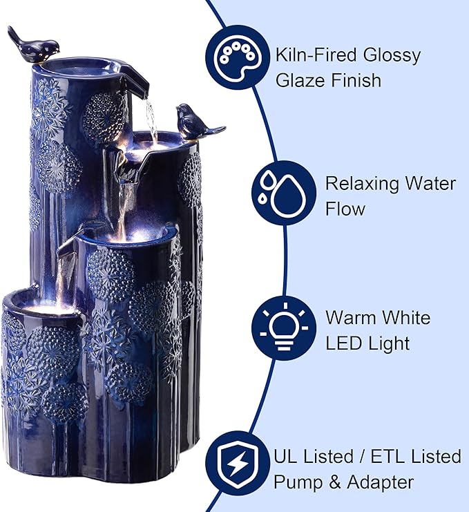Glitzhome Water Fountain Outdoor with LED Lights, 4-Tier Vase Shaped Ceramic Outdoor Fountain, Dandelion Glaze Water Fountains Feature for Garden Backyard Patio, Cobalt Blue, 31.7”H