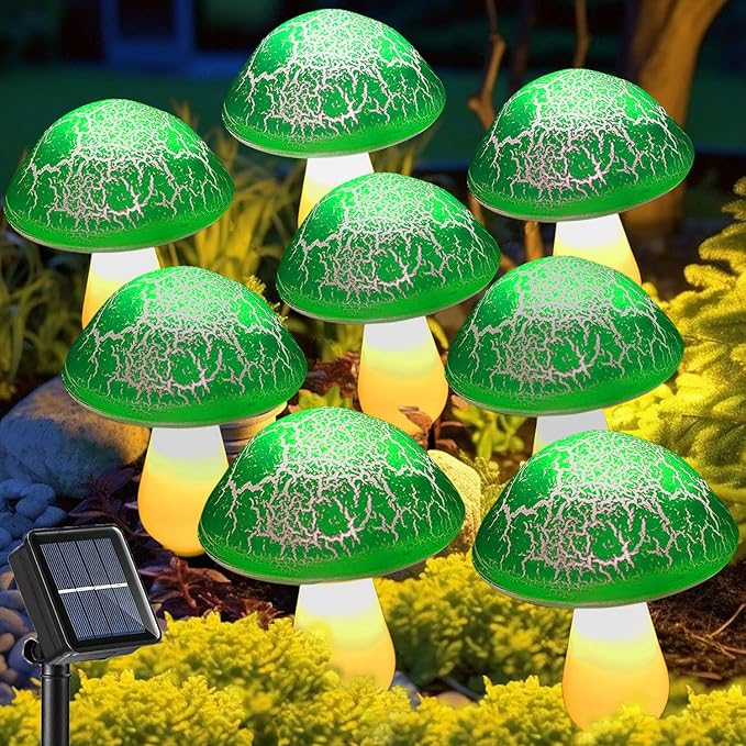Solar Mushroom Lights Garden Decor 8 Green Crack Mushrooms Outdoor Decor Stake Lights Waterproof Solar Pathway Light Gardening Gifts for St Patrick's Day Easter Gnomes Yard Halloween Xmas Decorations