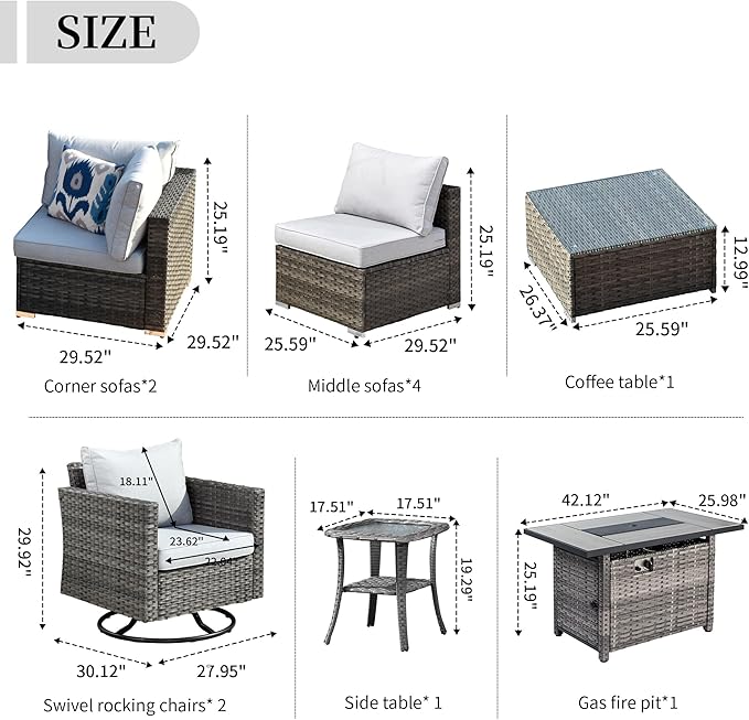HOOOWOOO 11 Piece Patio Sectional Furniture Set with Fire Pit Table,Modern Wicker Outdoor Conversation Sofa Sets,Weather Resistant Modular L Shaped Outside Couch Swivel Chair Set(Navy Blue)