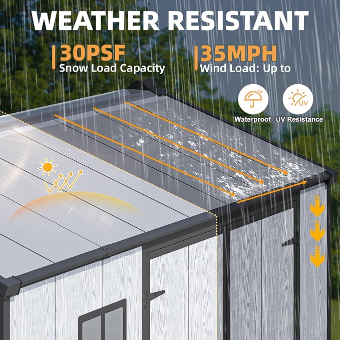 MELLCOM 6 x 8 FT Plastic Outdoor Storage Shed with Windows, Plastic Outdoor Storage Tool Shed with Floor and Lockable Door, Resin Garden Shed for Lawnmower, Bike, Pool Supply - Image 7