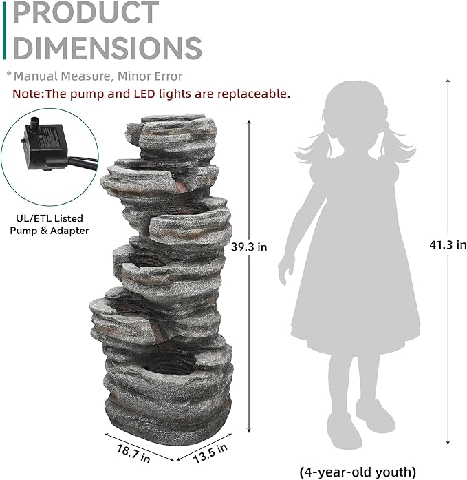 40"H Stacked Stone Water Fountain Outdoor with LED Lights, 6-Tier Extra-Lage Cascading Rock Waterfall for Outdoor Patio Garden Backyard, Weather-Resistant Resin Water Feature for Serene Oasis