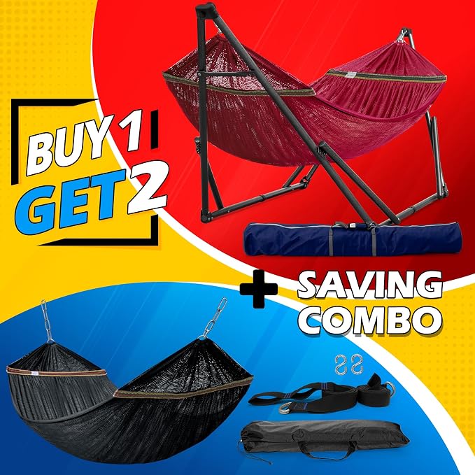 Tranquillo Combo x2 Hammocks with Stand for Outside & Tree Straps, Heavy Duty Hammock with Stand 600lbs for Indoor Outdoor Patio Backyard, x2 Hammocks for 2 Person (Combo - Red, Medium) - Image 2