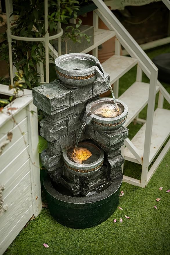 Cheng Pin 3 Tiers Water Fountain Outdoor - 28 Inch Tall Cascading Bowls and Stacked Stones Design, Create Relaxing Waterfall Flow Water Feature for Your Garden, Patio, Backyard,Lawn