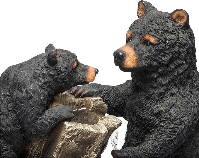 Alpine Corporation USA1132 Indoor/Outdoor Floor Bear and Cub on Log Fountain, Playful Bear and Cub Garden Fountain 26", Black