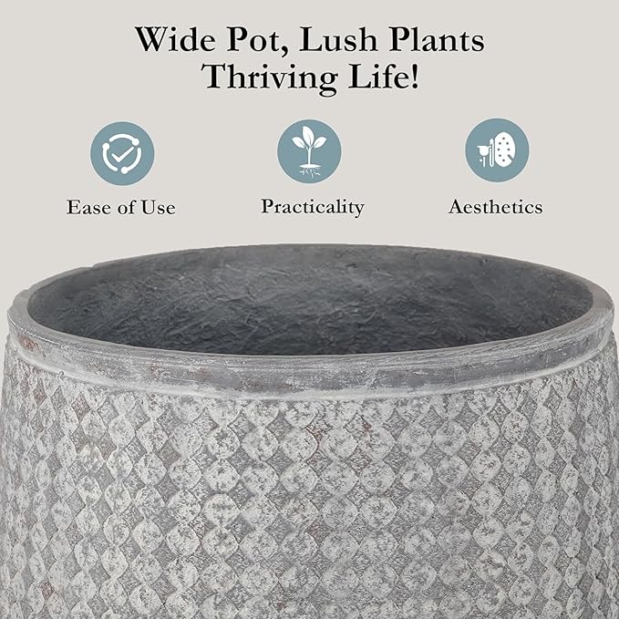 Worth 14.5" Round Planter, Lightweight Magnesium Oxide Cement Plant Pot, Raised Pattern Concrete Look with Drainage Hole for Indoor/Outdoor Use, Grey