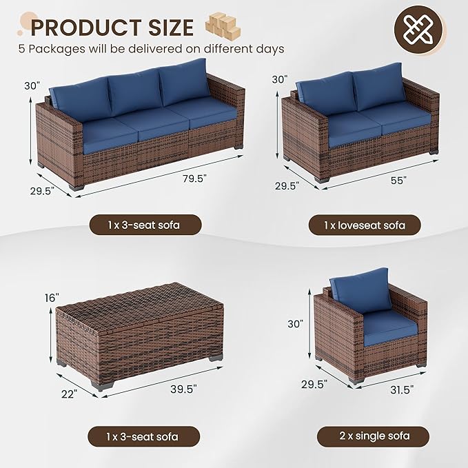 Patio Furniture Set,5 Piece Wide Armrest Outdoor Furniture Chair with 4" Thickened Cushion,Wicker Patio Conversation Sets with Waterproof Covers for Backyard, Porch(Navy Blue)