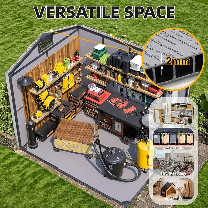 MELLCOM 6 x 8 FT Plastic Outdoor Storage Shed with Windows, Plastic Outdoor Storage Tool Shed with Floor and Lockable Door, Resin Garden Shed for Lawnmower, Bike, Pool Supply - Image 4