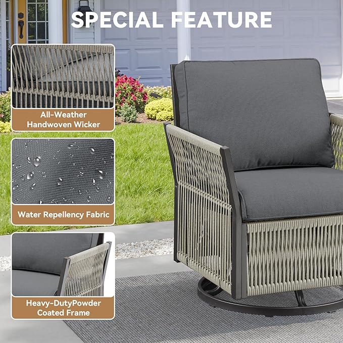 9 Piece Wicker Outdoor Furniture Set, Outdoor Swivel Rocker Chairs Set of 4 with Glass Side Tables Set of 2 and Rattan Sofa, Patio Conversation Set for Deck Backyard Poolside (Grey)