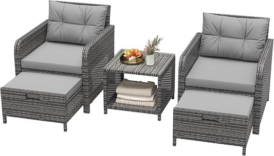 LHBcraft Balcony Furniture 5 Piece Wicker Patio Furniture Set, Outdoor Hand-Woven Rattan Lounge Chairs with Tempered Glass Coffee Table, Ottomans & Soft Cushions for Front Porch, Garden, Grey