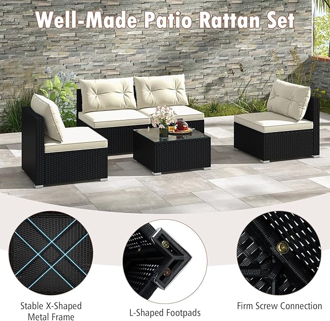Tangkula 5 Piece Rattan Sofa Set, Patiojoy Outdoor Wicker Furniture Set with Seat & Back Cushions, Square Coffee Table, Patio Sectional Sofa Set for Backyard, Poolside, Garden
