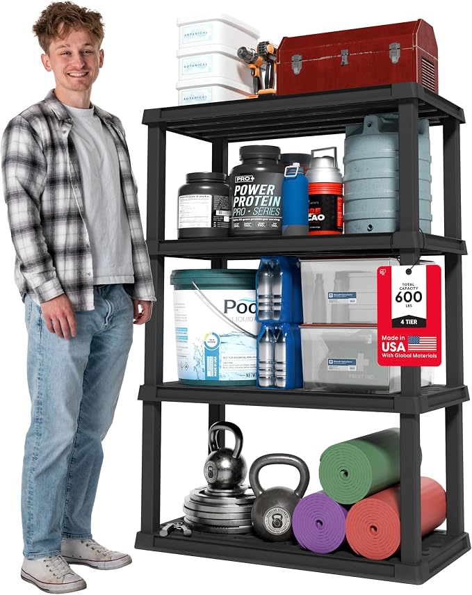IRIS USA 4-Shelf Heavy Duty Plastic Storage Shelves, 600lb Capacity, 56" H x 36" W x 18" D, Large Modular Shelving Unit Storage Organizer for Garage, Home, Warehouse & Gym, Storage Rack - Black by IRISUSA