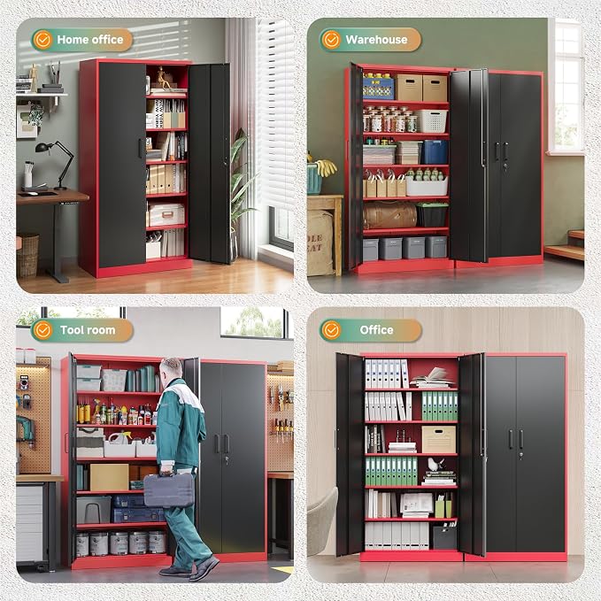 Letaya Metal Garage Storage Cabinets with Lock, 71" Tall Locker Organizer Steel Tool Cabinets,5 Adjustable Shelves 2 Doors for Home Office, Warehouse,Garage,Industrial,Employee (Black Red) - Image 9