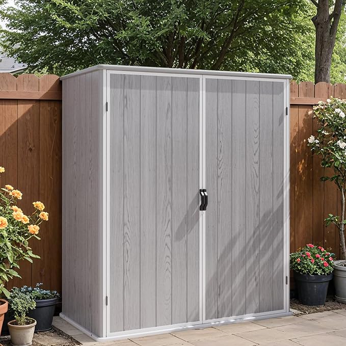 Patiowell 5x3 FT Resin Outdoor Storage Shed with Floor, Plastic Waterproof Outdoor Storage Cabinet, Garden Organizer Shed with Lockable Door for Patio Furniture, Pool Accessories, Light Gray - Image 2