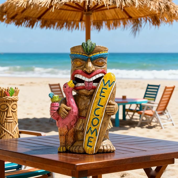 Solar Tiki Statue Outdoor Decor - Tiki Surfboard Welcome Sign Flamingo Waterproof Figurines for Tiki Bar,Patio,Balcony,Yard,Lawn Decorations,Gardening Gift for Tiki Lover