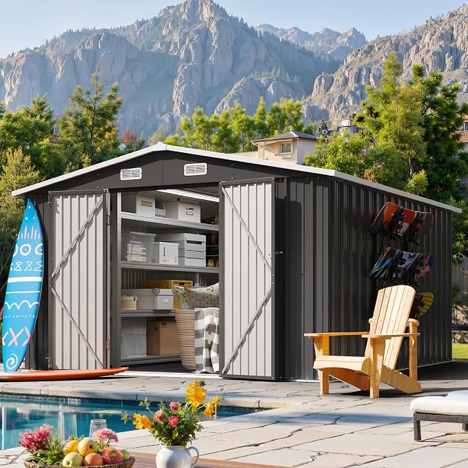 10x12FT Outdoor Storage Shed, Metal Garden Tool Shed with Sloping Roof & Lockable Door for Patio Lawn Backyard (Black, 10x12FT) by Breezestival