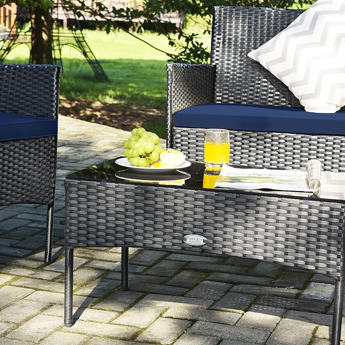 8 Pieces Patio Furniture Set, Outdoor Conversation Set with Ergonomic Curved Backrest, Patio Chair Set with Water-Resistant Cushion & Tempered Glass Table for Balcony, Porch (Navy Blue)