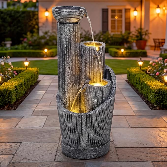 31" Modern Outdoor Water Fountain with LED Lights, 5-Tier Twist Pedestal Bowl Garden Fountain, Cascading Waterfall for Relaxing Garden, Patio, Backyard, Deck, Porch or Home Decor