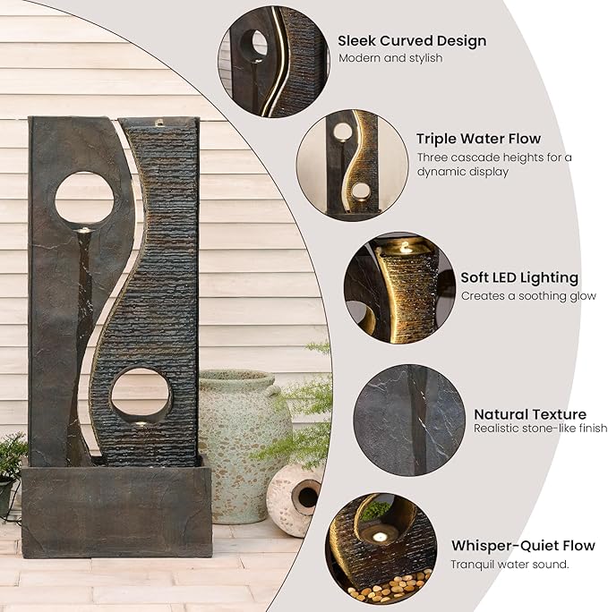 47 inches Outdoor Water Fountain Garden Waterfall Indoor Large Water Feature Freestanding Fountains with LED Strips, Three spouts for Patio Backyard Deck Porch Home Decor, Dark Gray