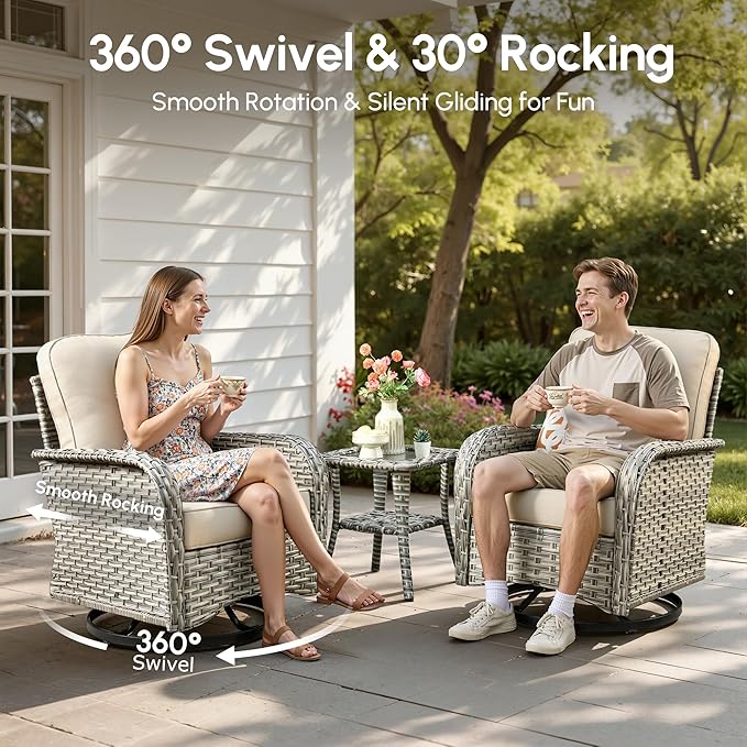 Patio Furniture Set, 8 Pieces Outdoor Wicker Conversation Sets with 2 Wicker Rocking Chair & Coffee Table Outdoor Sectional Sofa for Balcony Backyard Poolside Garden Lawn (Beige)