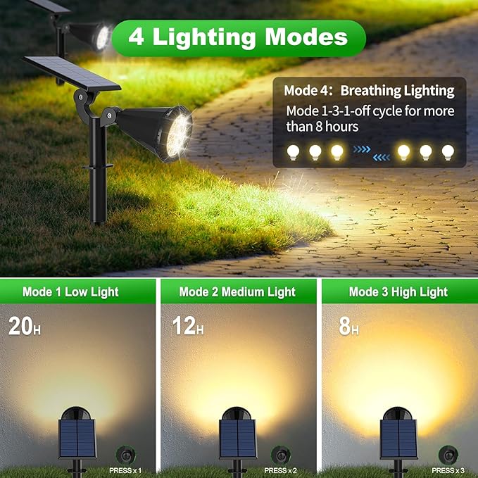 Solar Spot Lights Outdoor Waterproof 180° Adjustable Solar Powered Landscape Lights for Yard 4 Lighting Modes Solar Spotlights for Pathway Garden Outside Wall Pool Porch (2 Pack, Warm White)