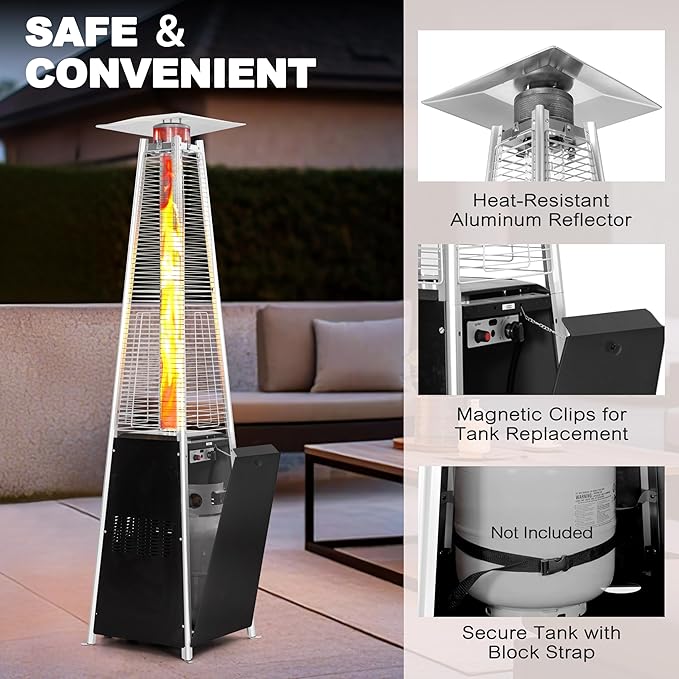 Nuu Garden Outdoor Pyramid Patio Heater, 48,000 BTU Propane Patio Heater with Glass Tube, Wheels, Outdoor Heater for Patio, Garden, Backyard, Porch, Black